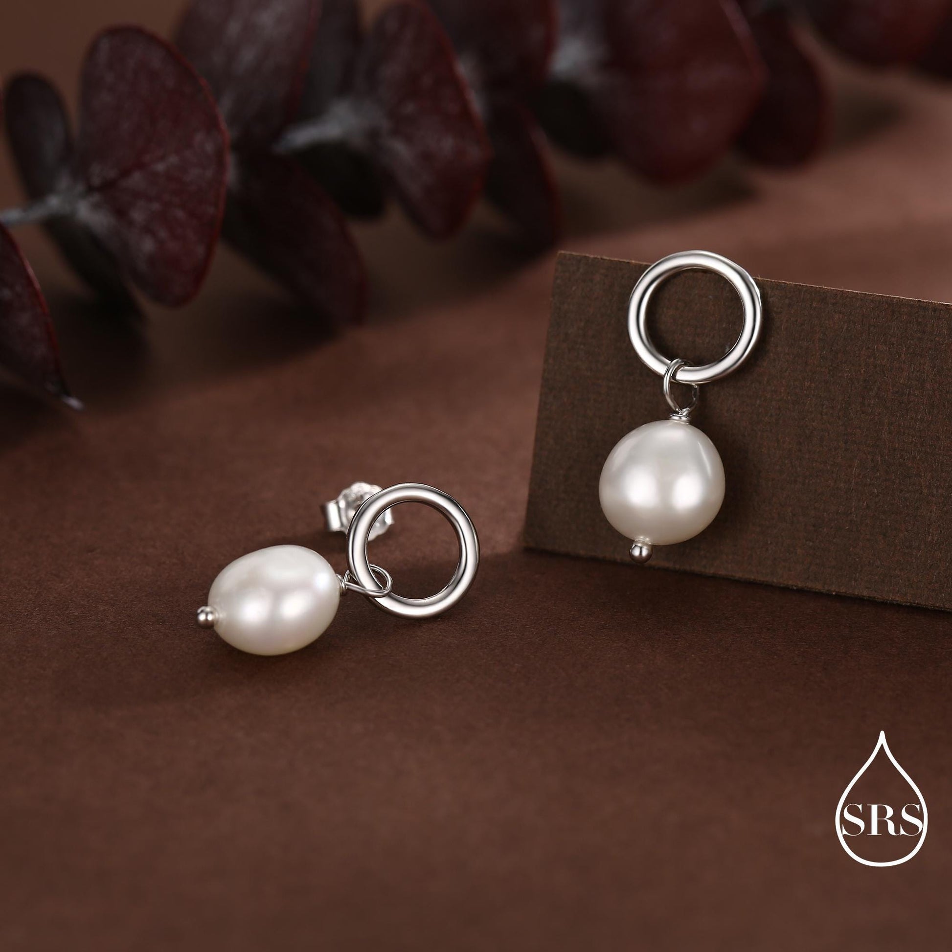 Circle with Dangling Baroque Pearl Drop Stud Earrings in Sterling Silver, Keshi Pearl Earrings, Gold or Silver, Genuine Pearls