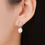 Circle with Dangling Baroque Pearl Drop Stud Earrings in Sterling Silver, Keshi Pearl Earrings, Gold or Silver, Genuine Pearls