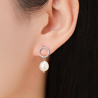 Circle with Dangling Baroque Pearl Drop Stud Earrings in Sterling Silver, Keshi Pearl Earrings, Gold or Silver, Genuine Pearls