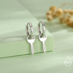 Dangling Key Hoop Earrings in Sterling Silver, Detachable Lock Charm Dangle Hoop Earrings, Silver or Gold, Interchangeable