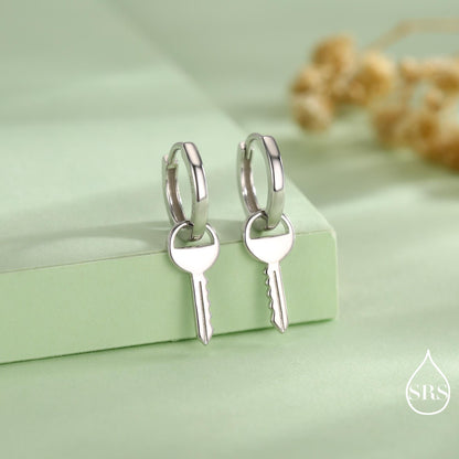 Dangling Key Hoop Earrings in Sterling Silver, Detachable Lock Charm Dangle Hoop Earrings, Silver or Gold, Interchangeable