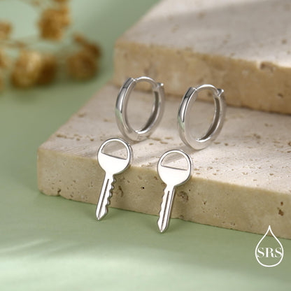 Dangling Key Hoop Earrings in Sterling Silver, Detachable Lock Charm Dangle Hoop Earrings, Silver or Gold, Interchangeable