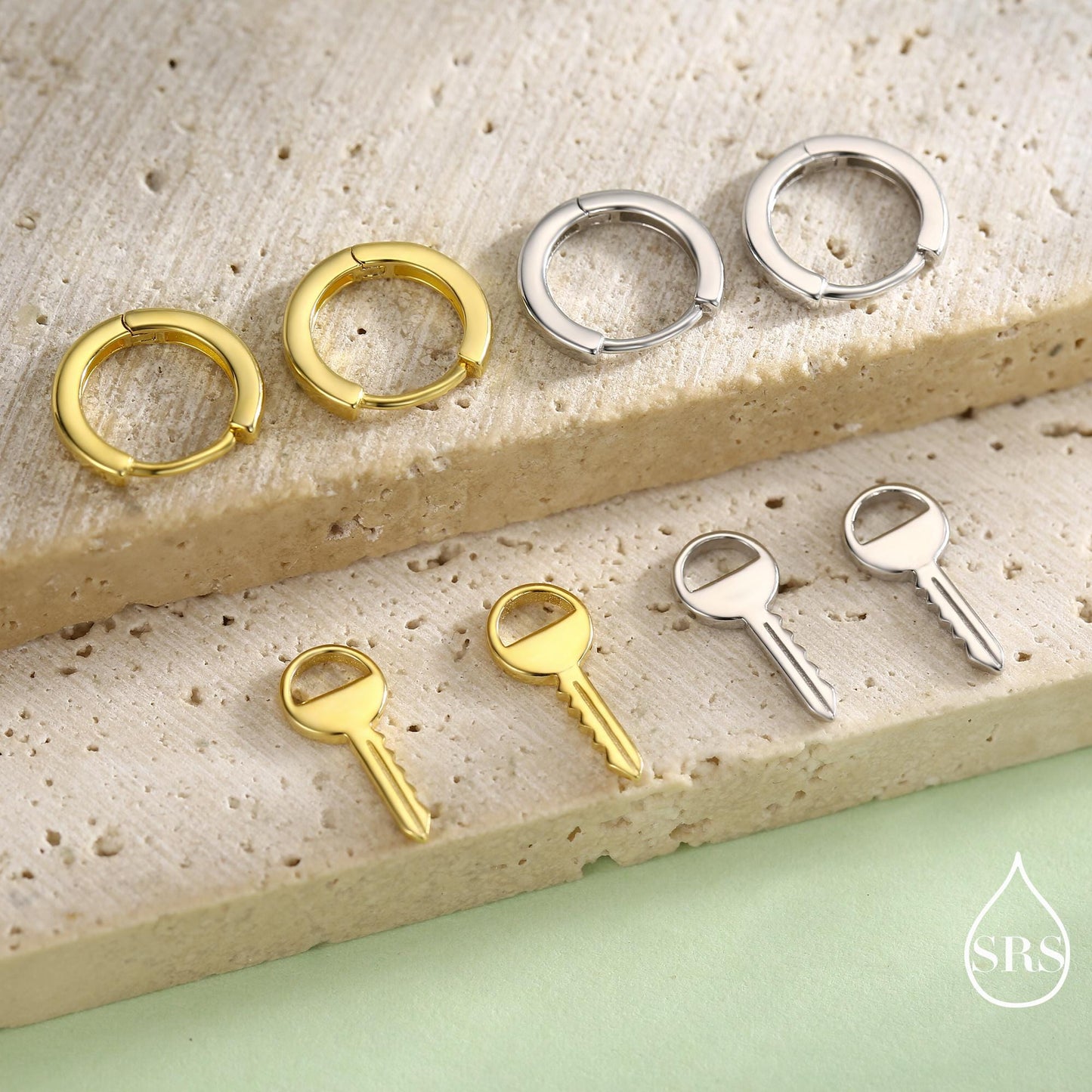 Dangling Key Hoop Earrings in Sterling Silver, Detachable Lock Charm Dangle Hoop Earrings, Silver or Gold, Interchangeable