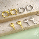 Dangling Key Hoop Earrings in Sterling Silver, Detachable Lock Charm Dangle Hoop Earrings, Silver or Gold, Interchangeable