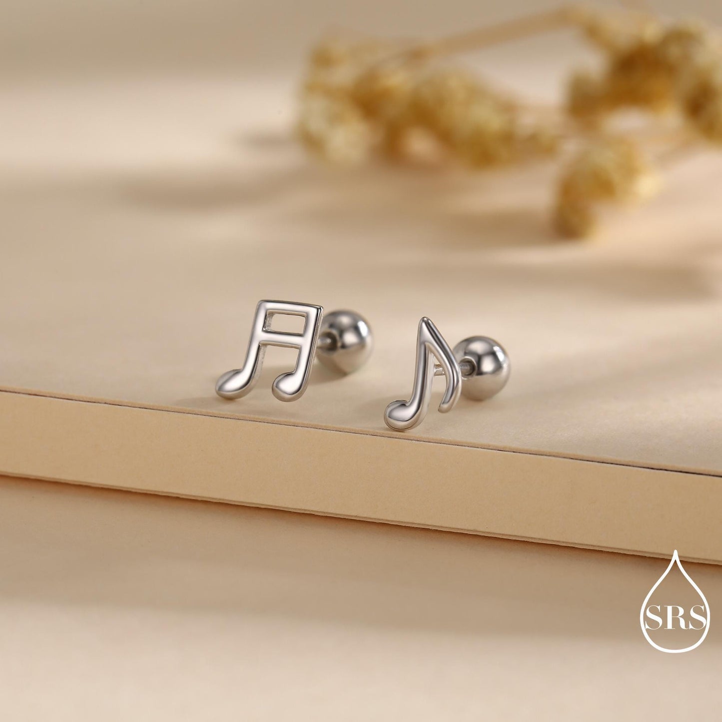 Internally Threaded Music Notes Flat Back Earrings in Sterling Silver, Mismatched Music Symbol Stud Earrings, Fun Earrings for Music Lover