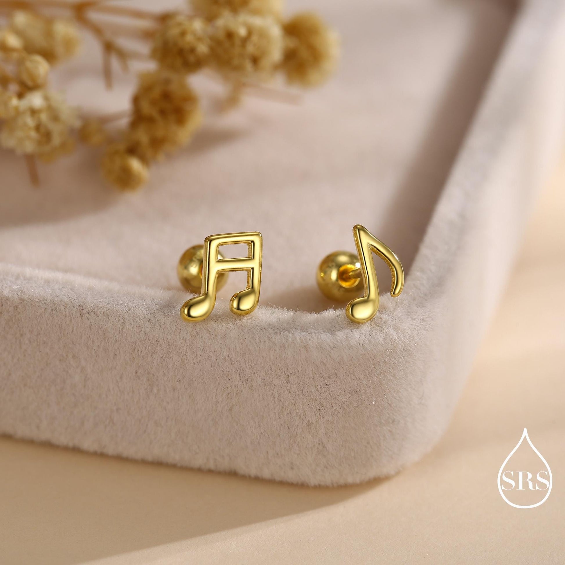 Internally Threaded Music Notes Flat Back Earrings in Sterling Silver, Mismatched Music Symbol Stud Earrings, Fun Earrings for Music Lover