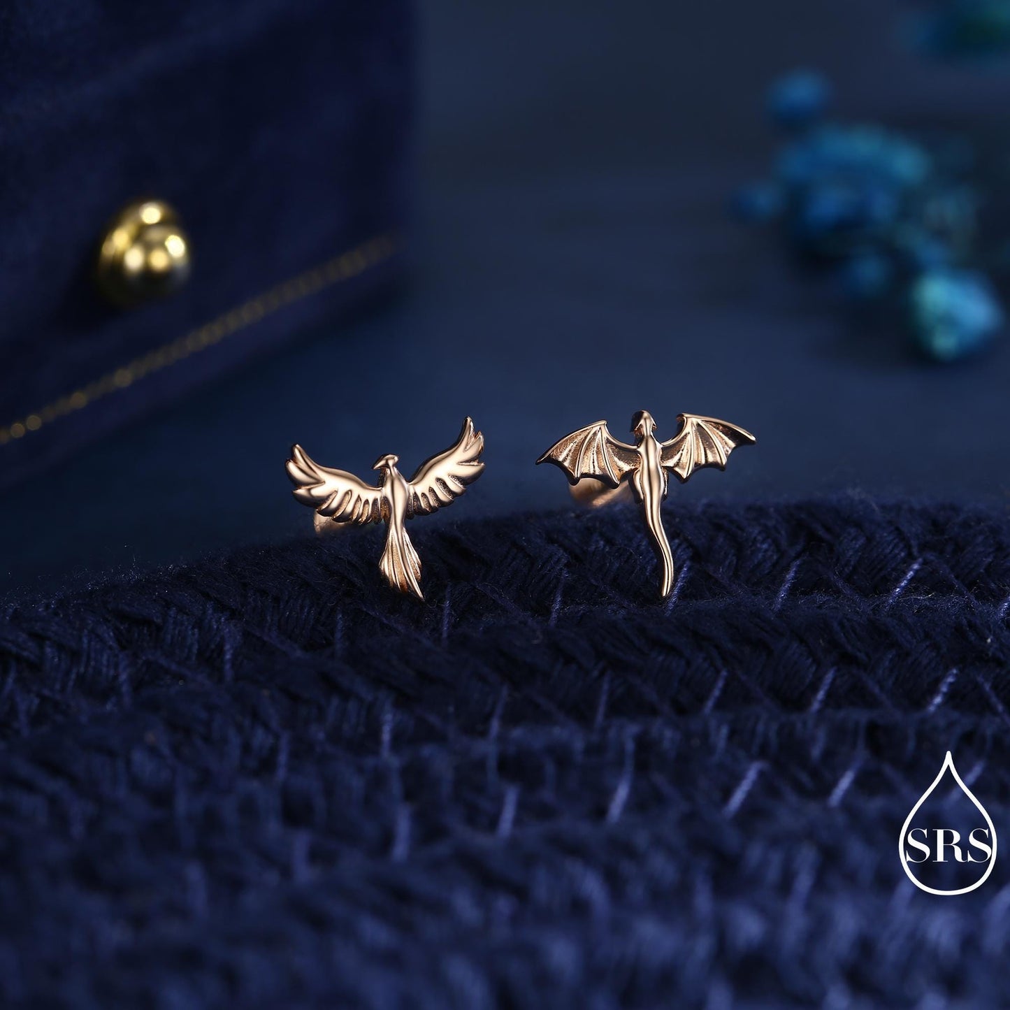 Mismatched Dragon and Phoenix Internally Threaded Flat Back/ Stud Earrings in Sterling Silver, Also Gold or Rose Gold Finish, Asymmetric