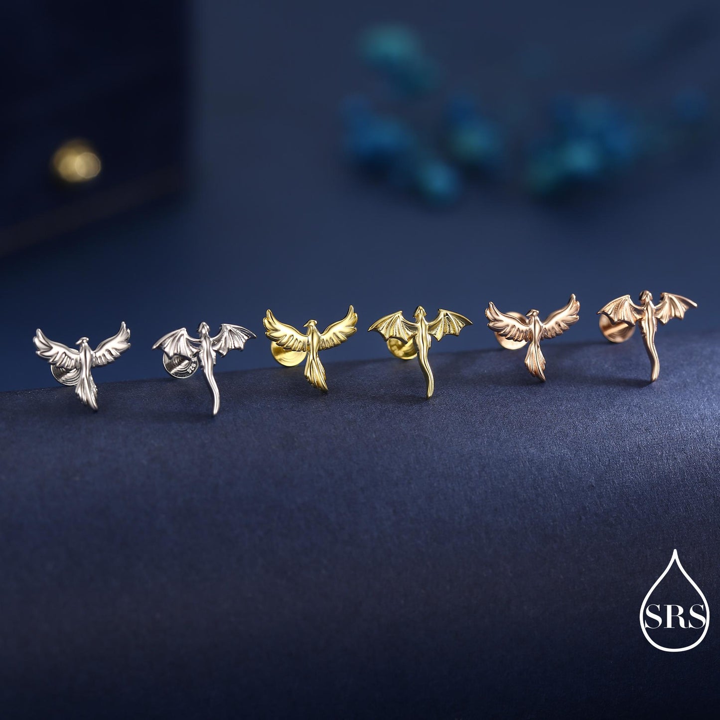 Mismatched Dragon and Phoenix Internally Threaded Flat Back/ Stud Earrings in Sterling Silver, Also Gold or Rose Gold Finish, Asymmetric