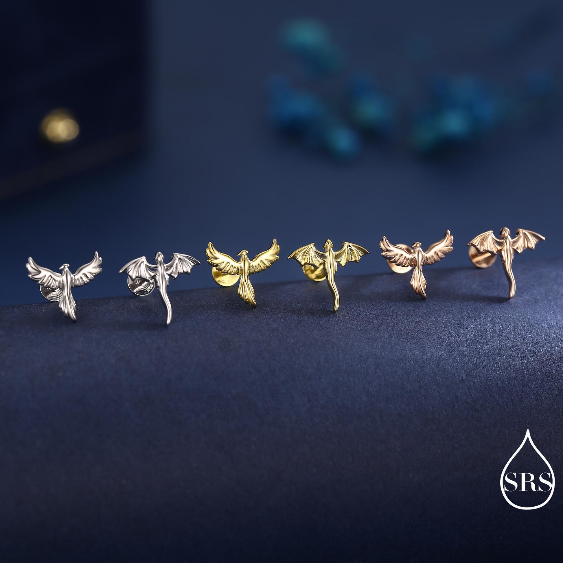 Mismatched Dragon and Phoenix Internally Threaded Flat Back/ Stud Earrings in Sterling Silver, Also Gold or Rose Gold Finish, Asymmetric