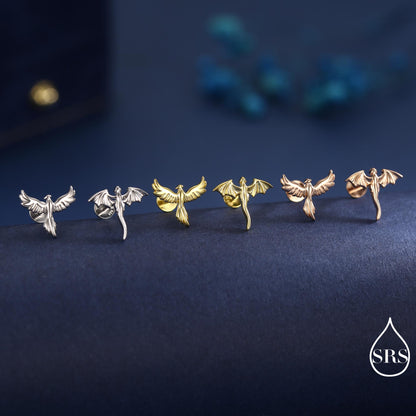 Mismatched Dragon and Phoenix Internally Threaded Flat Back/ Stud Earrings in Sterling Silver, Also Gold or Rose Gold Finish, Asymmetric