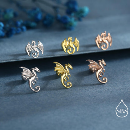 Mismatched Dragon Screw Back / Flat Back / Stud Earrings in Sterling Silver, Silver or Gold Finish, Asymmetric Dragon Stud Earrings