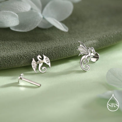 Mismatched Dragon Screw Back / Flat Back / Stud Earrings in Sterling Silver, Silver or Gold Finish, Asymmetric Dragon Stud Earrings