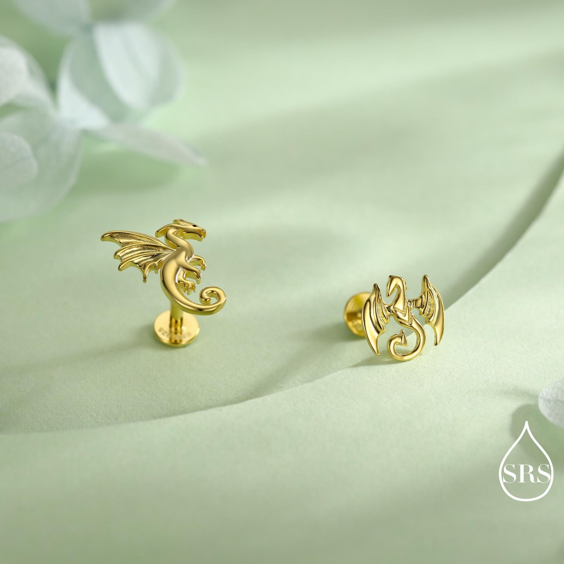 Mismatched Dragon Screw Back / Flat Back / Stud Earrings in Sterling Silver, Silver or Gold Finish, Asymmetric Dragon Stud Earrings