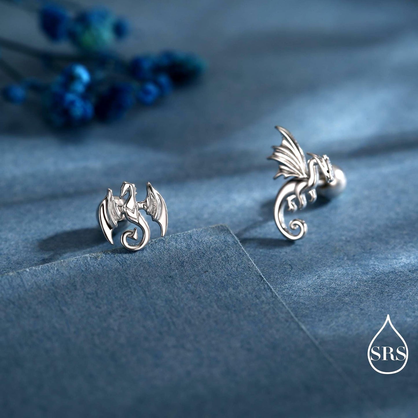 Mismatched Dragon Screw Back / Flat Back / Stud Earrings in Sterling Silver, Silver or Gold Finish, Asymmetric Dragon Stud Earrings