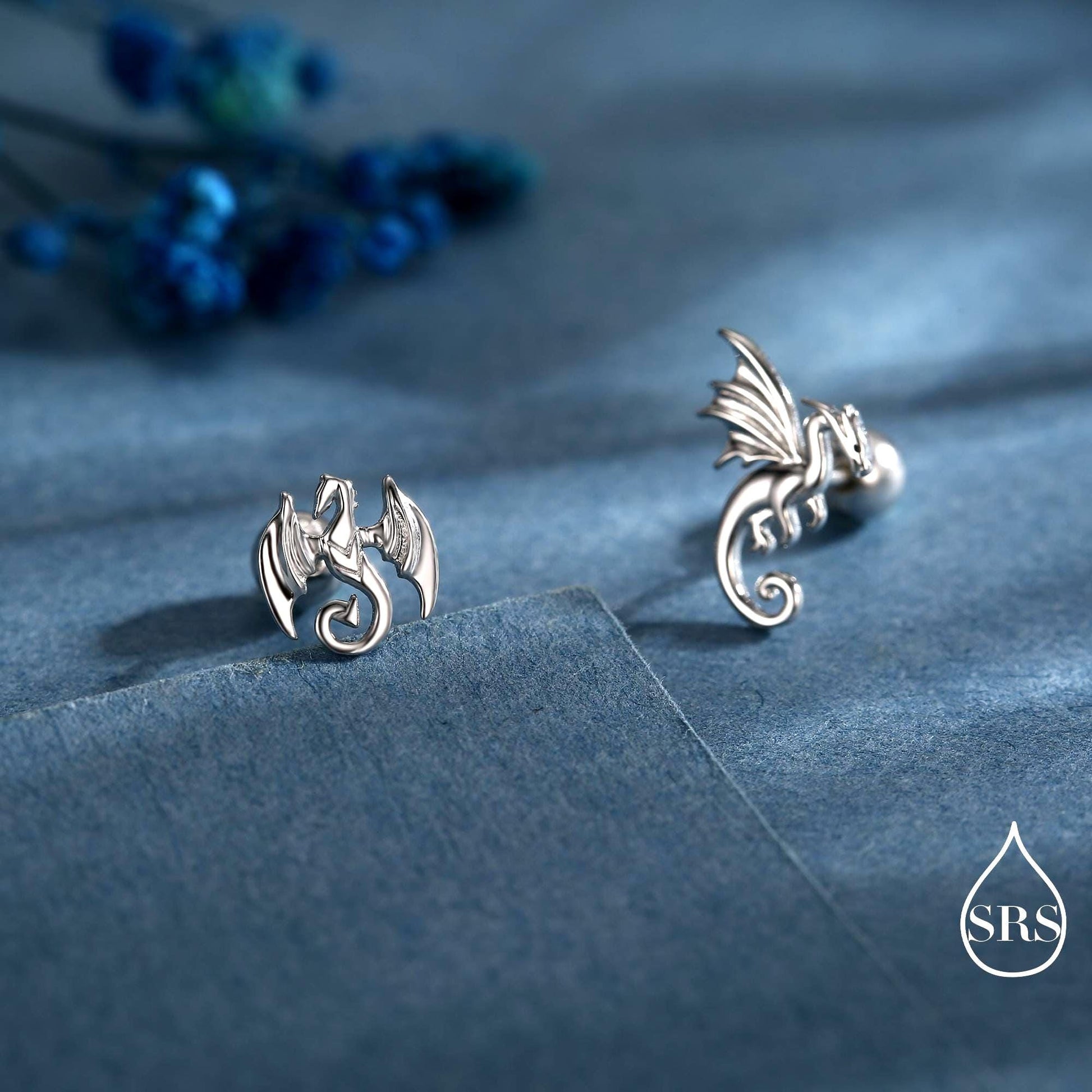 Mismatched Dragon Screw Back / Flat Back / Stud Earrings in Sterling Silver, Silver or Gold Finish, Asymmetric Dragon Stud Earrings