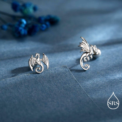 Mismatched Dragon Screw Back / Flat Back / Stud Earrings in Sterling Silver, Silver or Gold Finish, Asymmetric Dragon Stud Earrings