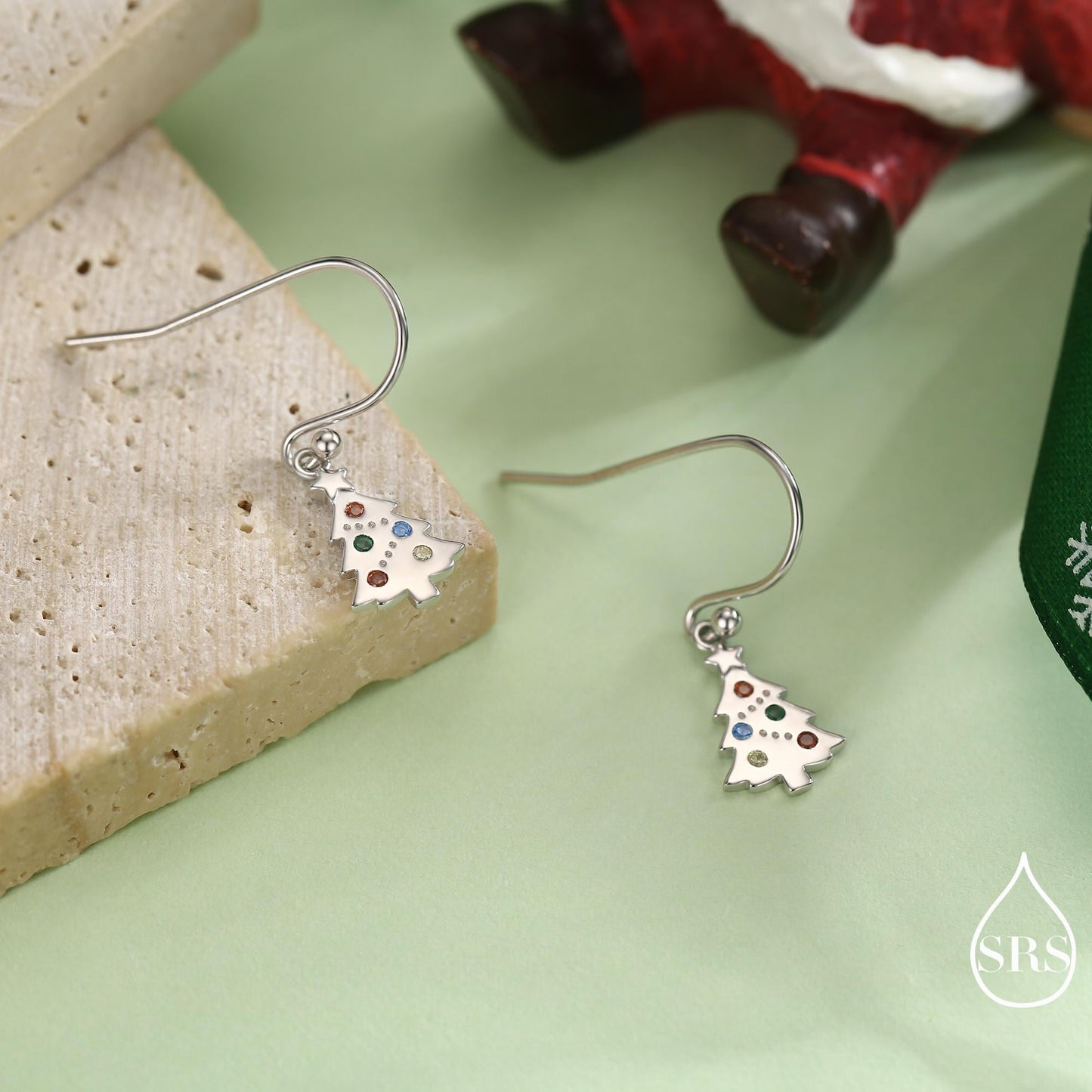 Dainty Christmas Tree Drop Hook Earrings in Sterling Silver, Silver, Gold or Rose Gold Finish, Tiny Xmas Tree Earrings, Christmas Earrings