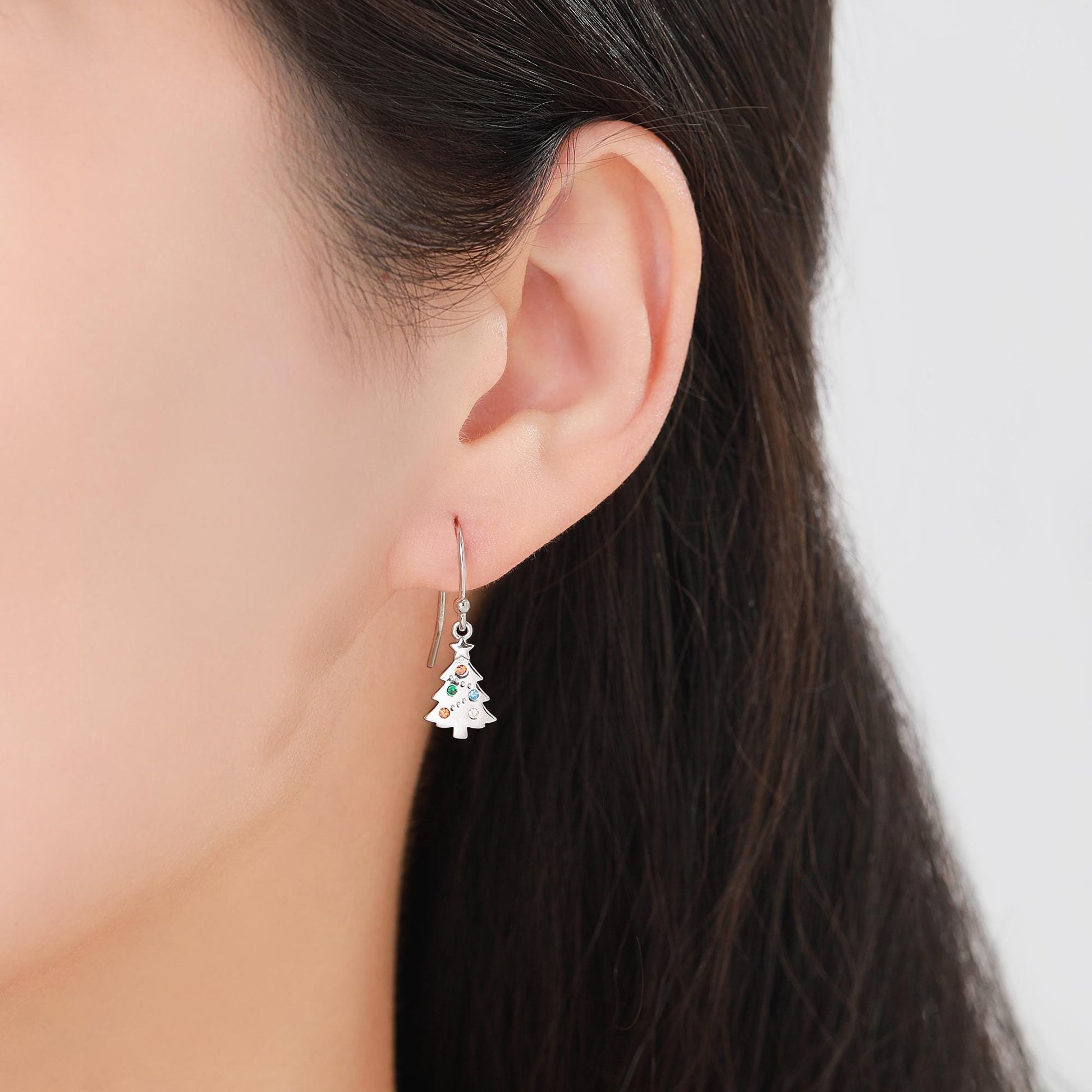 Dainty Christmas Tree Drop Hook Earrings in Sterling Silver, Silver, Gold or Rose Gold Finish, Tiny Xmas Tree Earrings, Christmas Earrings