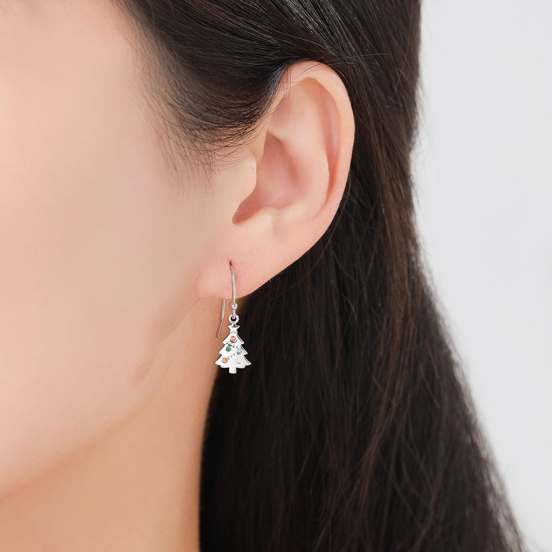 Dainty Christmas Tree Drop Hook Earrings in Sterling Silver, Silver, Gold or Rose Gold Finish, Tiny Xmas Tree Earrings, Christmas Earrings