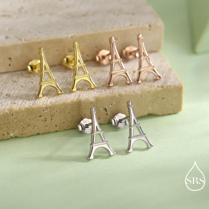 Sterling Silver Eiffel Tower Stud Earrings – Minimalist Paris Inspired Jewellery – Available in Silver, Gold or Rose Gold Finish