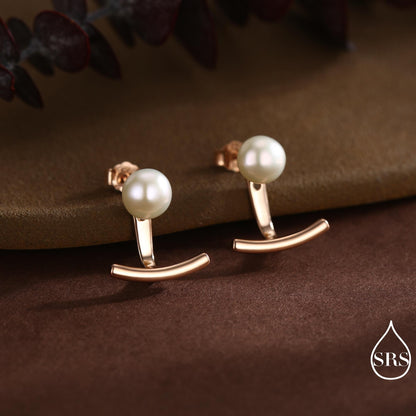 Sterling Silver Natural Freshwater Pearl and Bar Jacket Earrings, Silver or Gold or Rose Gold Finish, Genuine Pearl Ear Jacket