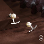 Sterling Silver Natural Freshwater Pearl and Bar Jacket Earrings, Silver or Gold or Rose Gold Finish, Genuine Pearl Ear Jacket