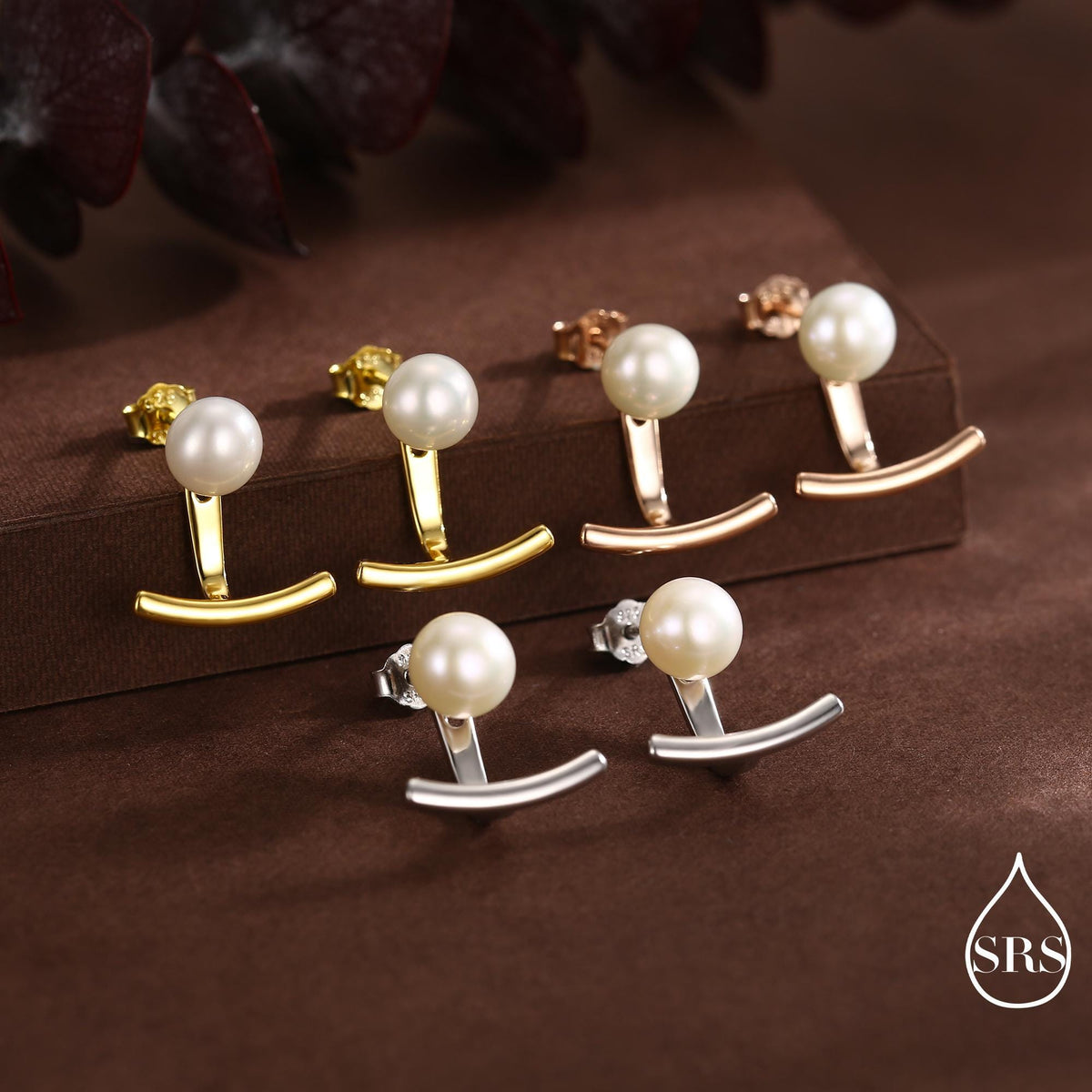 Sterling Silver Natural Freshwater Pearl and Bar Jacket Earrings, Silver or Gold or Rose Gold Finish, Genuine Pearl Ear Jacket