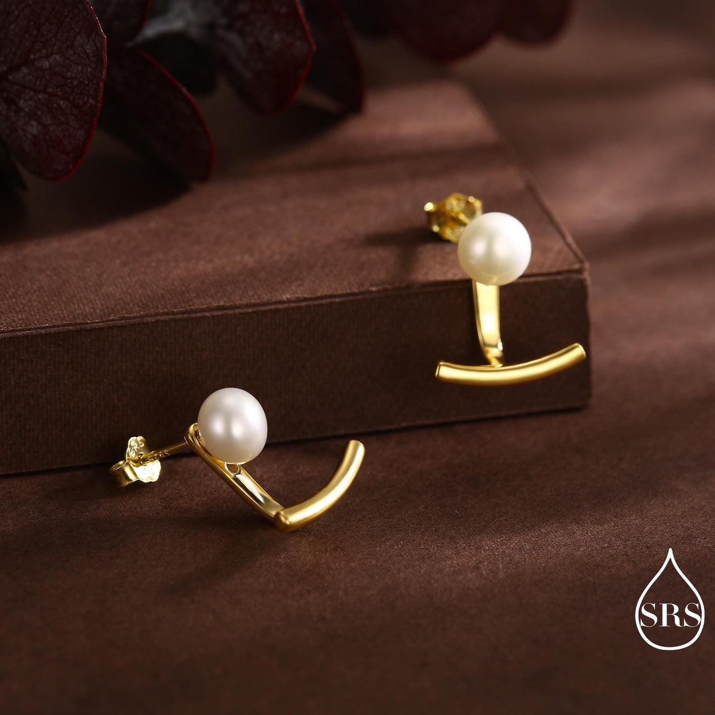 Sterling Silver Natural Freshwater Pearl and Bar Jacket Earrings, Silver or Gold or Rose Gold Finish, Genuine Pearl Ear Jacket