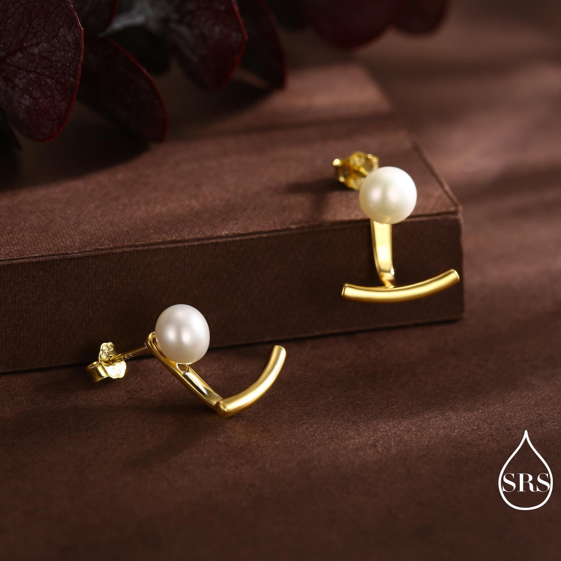 Sterling Silver Natural Freshwater Pearl and Bar Jacket Earrings, Silver or Gold or Rose Gold Finish, Genuine Pearl Ear Jacket