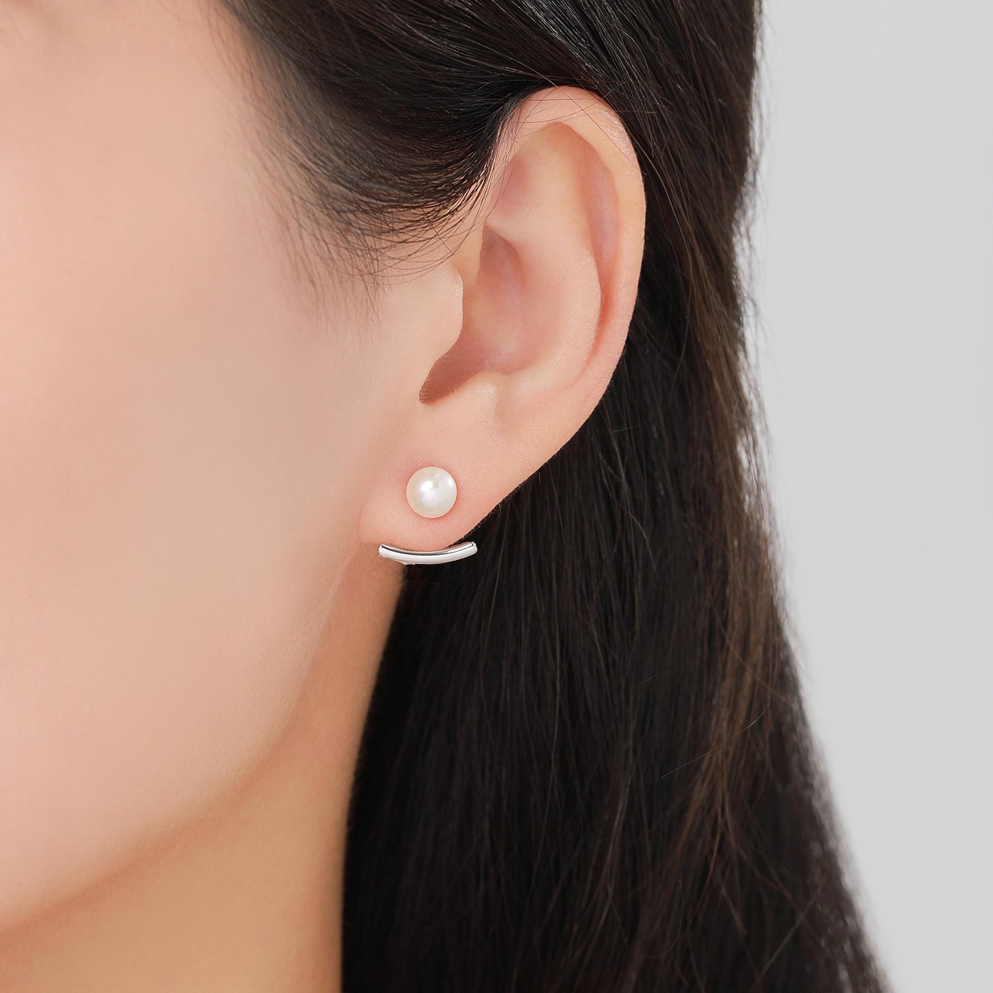 Sterling Silver Natural Freshwater Pearl and Bar Jacket Earrings, Silver or Gold or Rose Gold Finish, Genuine Pearl Ear Jacket
