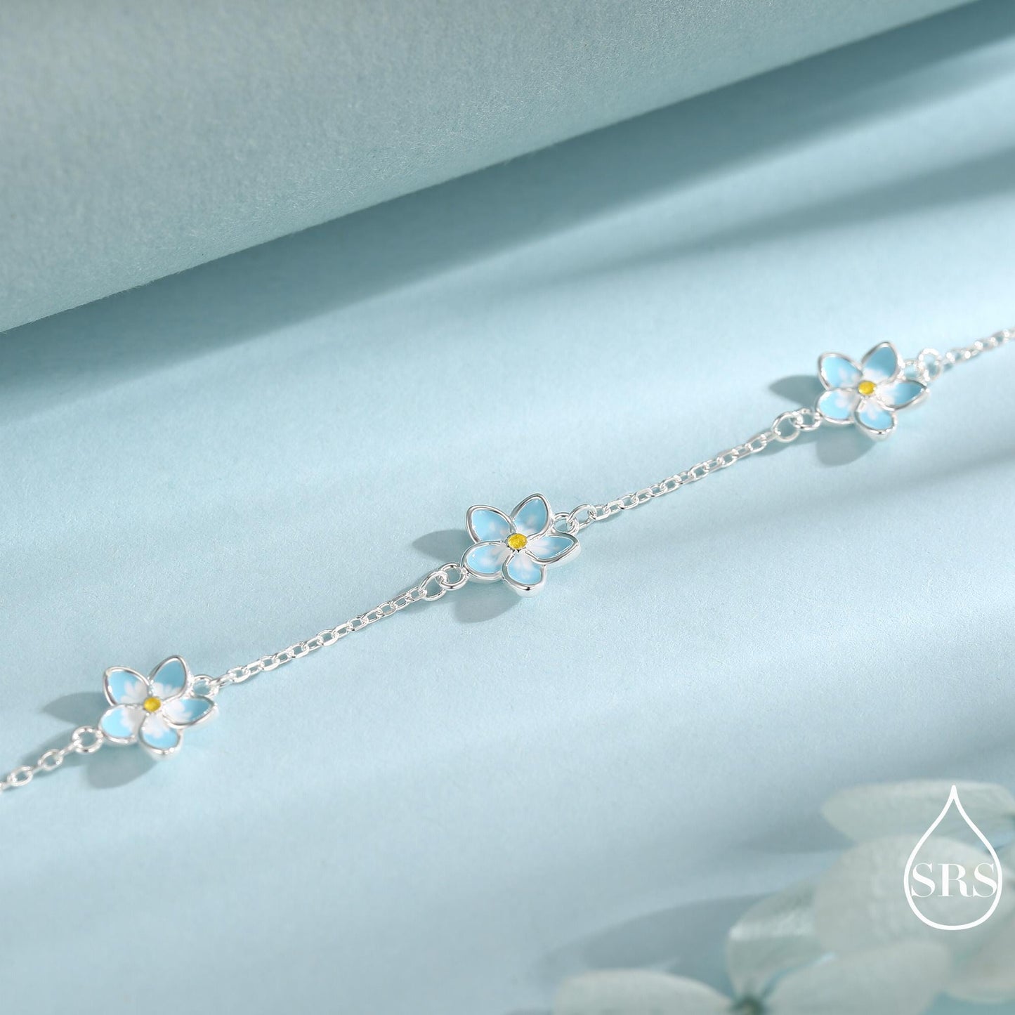 Enamel Forget Me Not Flower Trio Bracelet in Sterling Silver, Flower Bracelet, Blossom Bracelet, Forget-me-not Flower Bracelet