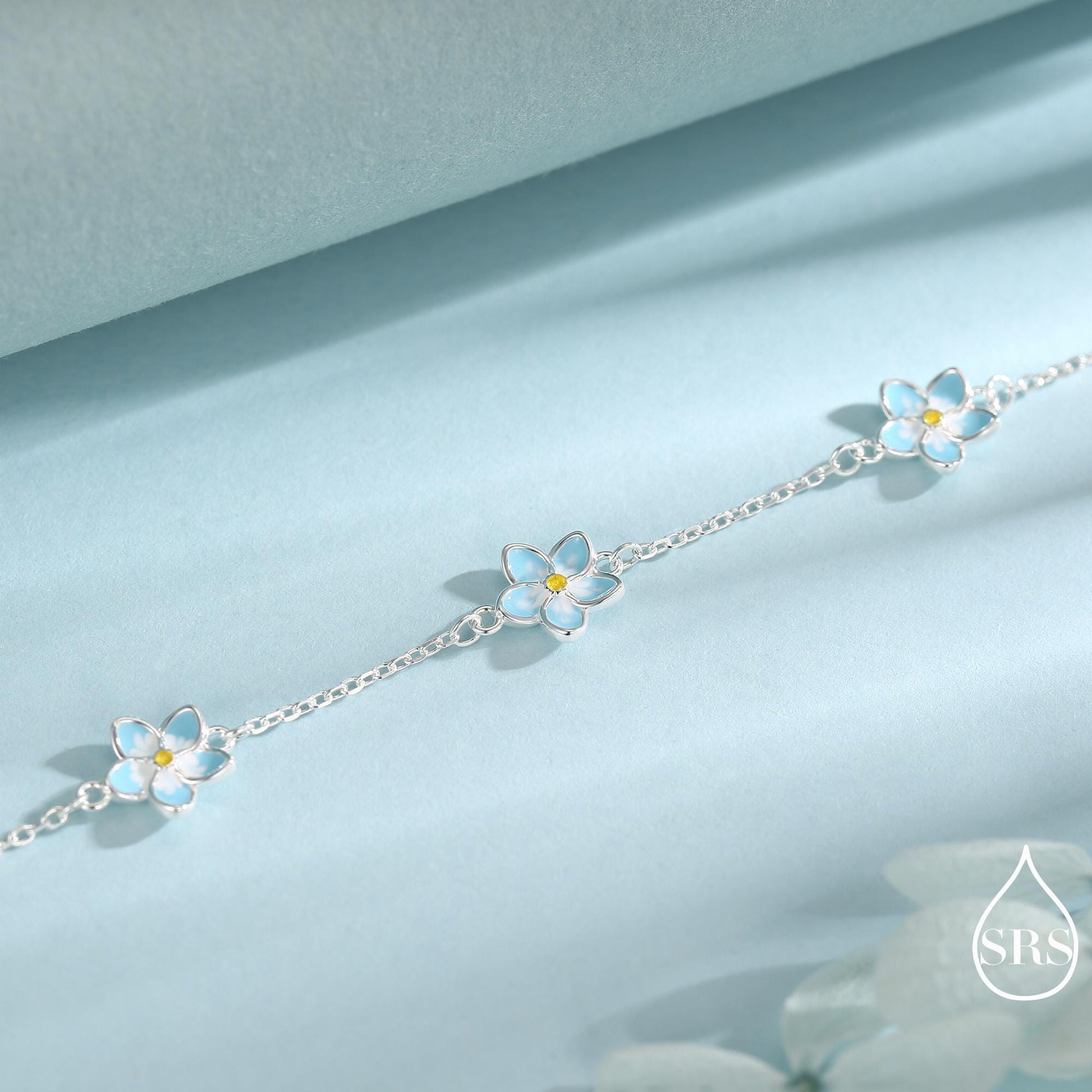 Enamel Forget Me Not Flower Trio Bracelet in Sterling Silver, Flower Bracelet, Blossom Bracelet, Forget-me-not Flower Bracelet