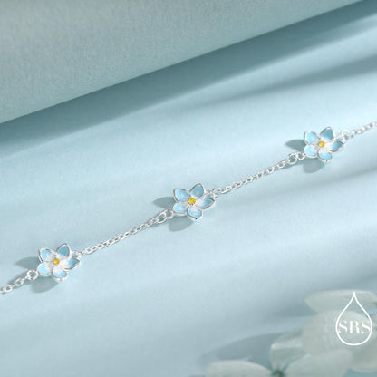 Enamel Forget Me Not Flower Trio Bracelet in Sterling Silver, Flower Bracelet, Blossom Bracelet, Forget-me-not Flower Bracelet