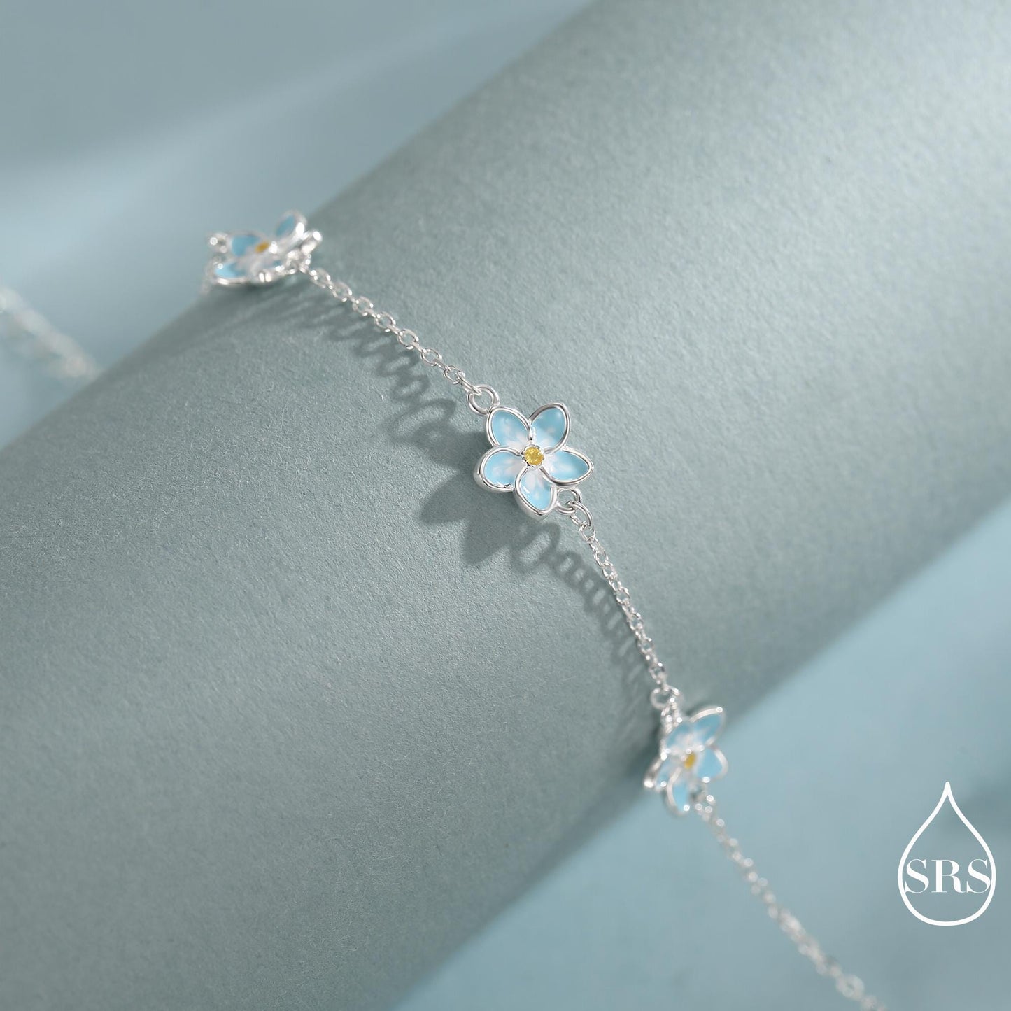 Enamel Forget Me Not Flower Trio Bracelet in Sterling Silver, Flower Bracelet, Blossom Bracelet, Forget-me-not Flower Bracelet