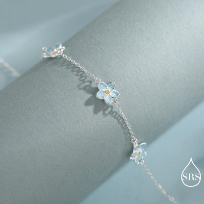 Enamel Forget Me Not Flower Trio Bracelet in Sterling Silver, Flower Bracelet, Blossom Bracelet, Forget-me-not Flower Bracelet