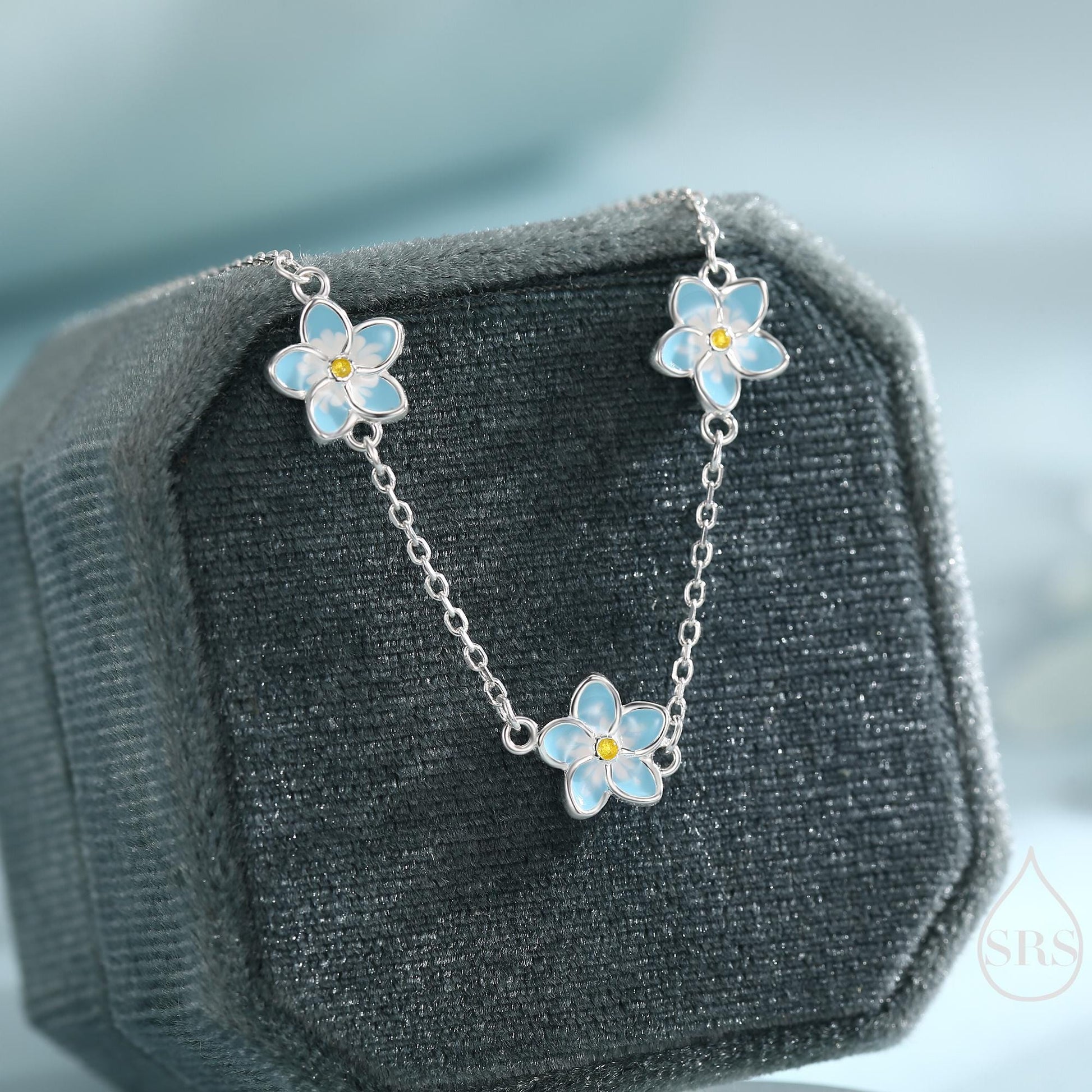 Enamel Forget Me Not Flower Trio Bracelet in Sterling Silver, Flower Bracelet, Blossom Bracelet, Forget-me-not Flower Bracelet
