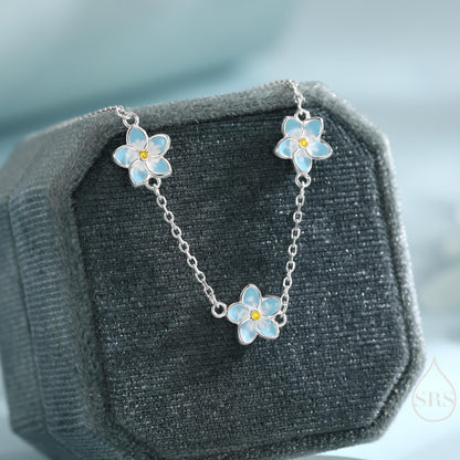 Enamel Forget Me Not Flower Trio Bracelet in Sterling Silver, Flower Bracelet, Blossom Bracelet, Forget-me-not Flower Bracelet