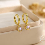 Dangle Moonstone Huggie Hoop in Sterling Silver, Silver or Gold, Simulated Moonstone Hoops, Minimalist Hoop Earrings, Moonstone Coin Hoops
