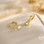 Dangle Moonstone Huggie Hoop in Sterling Silver, Silver or Gold, Simulated Moonstone Hoops, Minimalist Hoop Earrings, Moonstone Coin Hoops