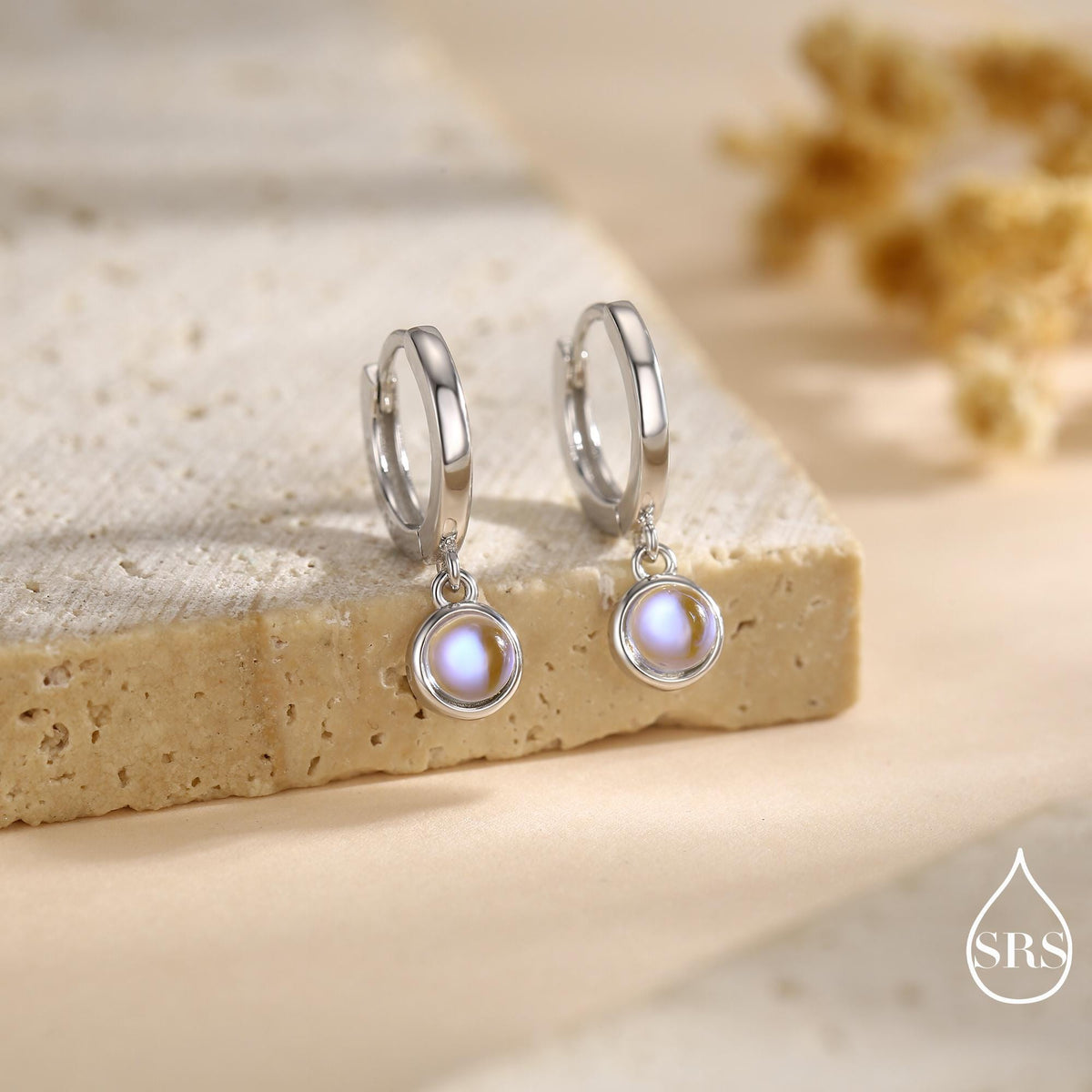 Dangle Moonstone Huggie Hoop in Sterling Silver, Silver or Gold, Simulated Moonstone Hoops, Minimalist Hoop Earrings, Moonstone Coin Hoops