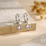 Dangle Moonstone Huggie Hoop in Sterling Silver, Silver or Gold, Simulated Moonstone Hoops, Minimalist Hoop Earrings, Moonstone Coin Hoops