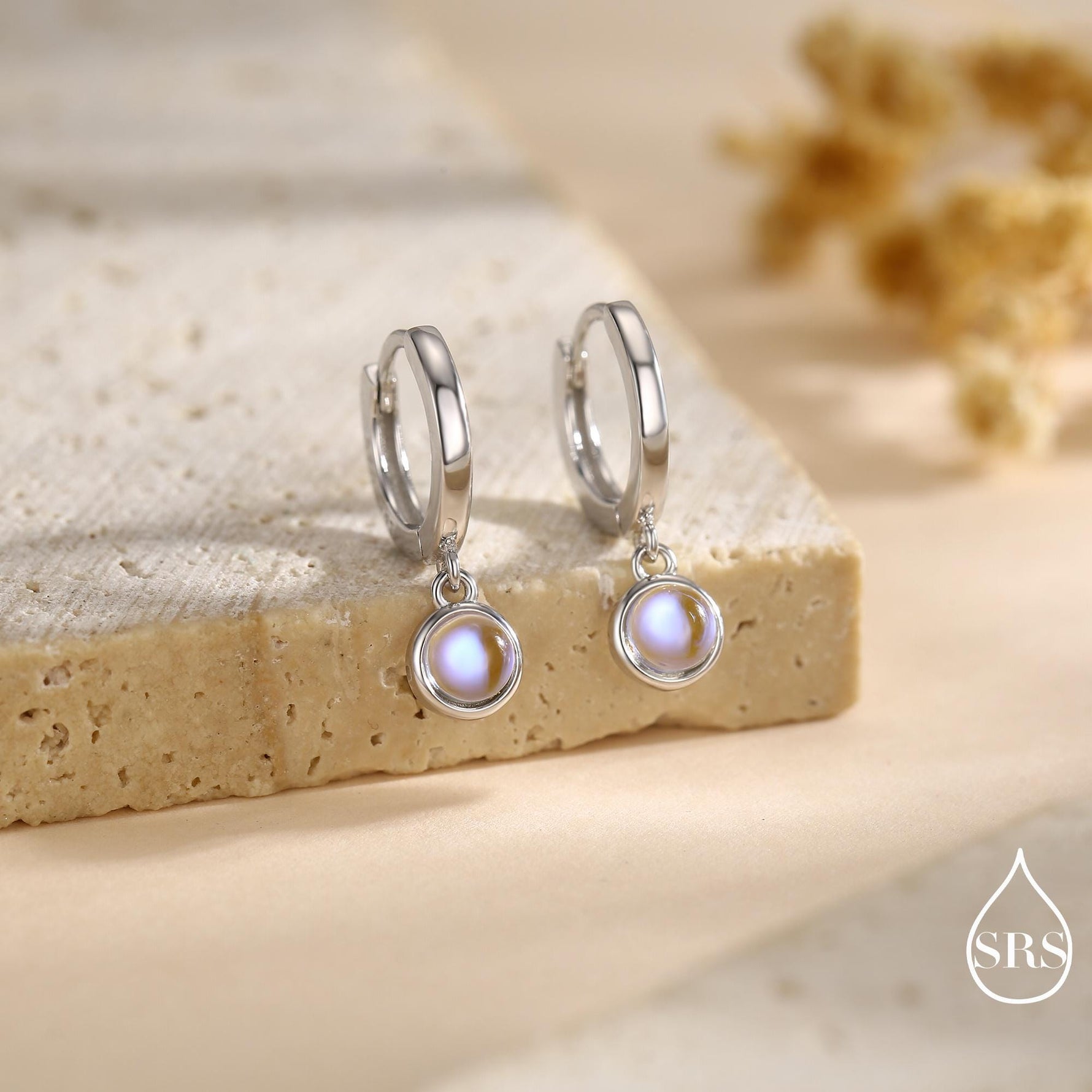 Dangle Moonstone Huggie Hoop in Sterling Silver, Silver or Gold, Simulated Moonstone Hoops, Minimalist Hoop Earrings, Moonstone Coin Hoops