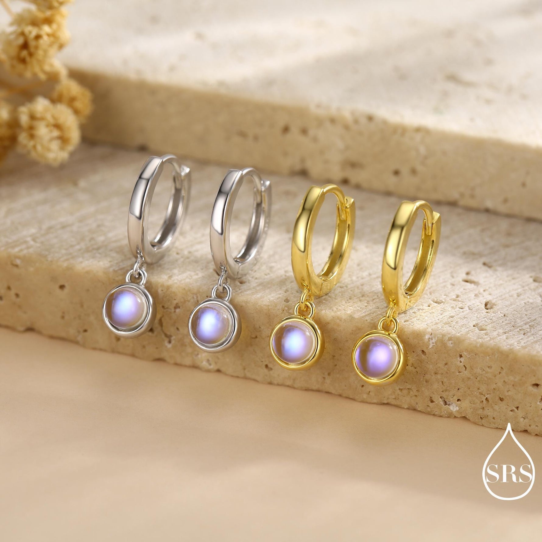 Dangle Moonstone Huggie Hoop in Sterling Silver, Silver or Gold, Simulated Moonstone Hoops, Minimalist Hoop Earrings, Moonstone Coin Hoops