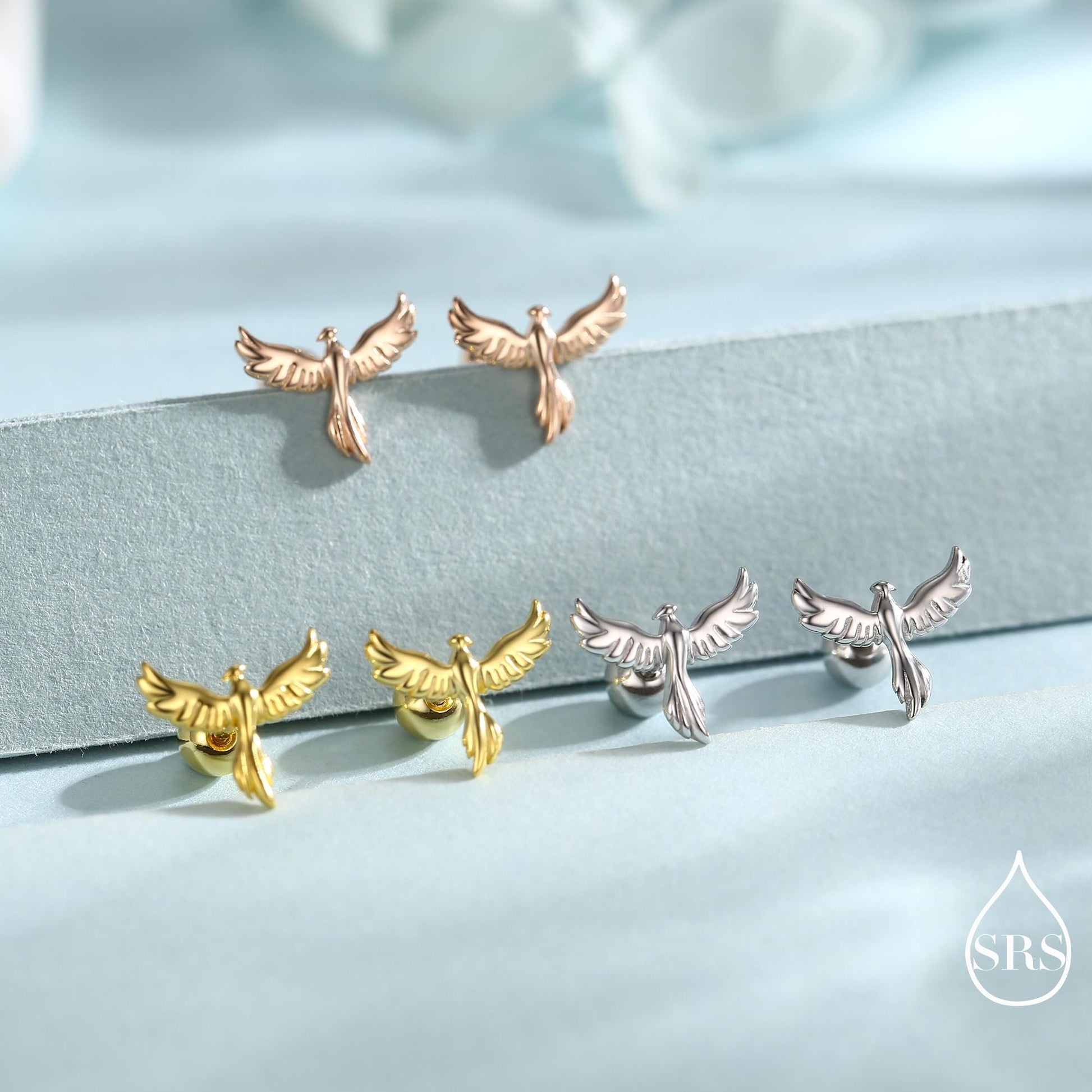 Phoenix Screw Back /Flat Back /Stud Earrings in Sterling Silver, Silver or Gold or Rose Gold Finish, Phoenix Earrings