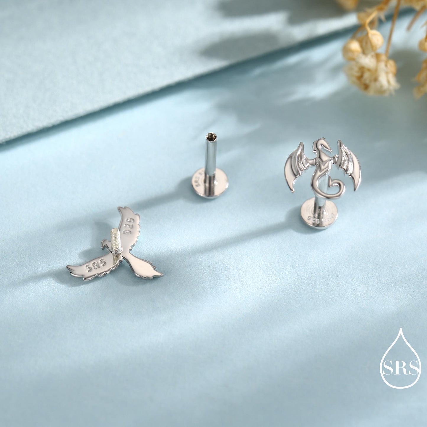 Mismatched Dragon and Phoenix Internally Threaded Flat Back /Stud Earrings in Sterling Silver, Silver, Gold, Rose Gold, Asymmetric Earrings