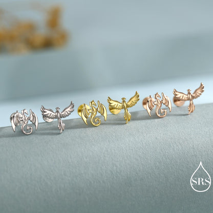 Mismatched Dragon and Phoenix Screw Back /Internally Threaded Flat Back /Stud Earrings in Sterling Silver, Silver, Gold, Rose Gold