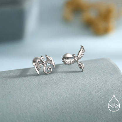 Mismatched Dragon and Phoenix Internally Threaded Flat Back /Stud Earrings in Sterling Silver, Silver, Gold, Rose Gold, Asymmetric Earrings