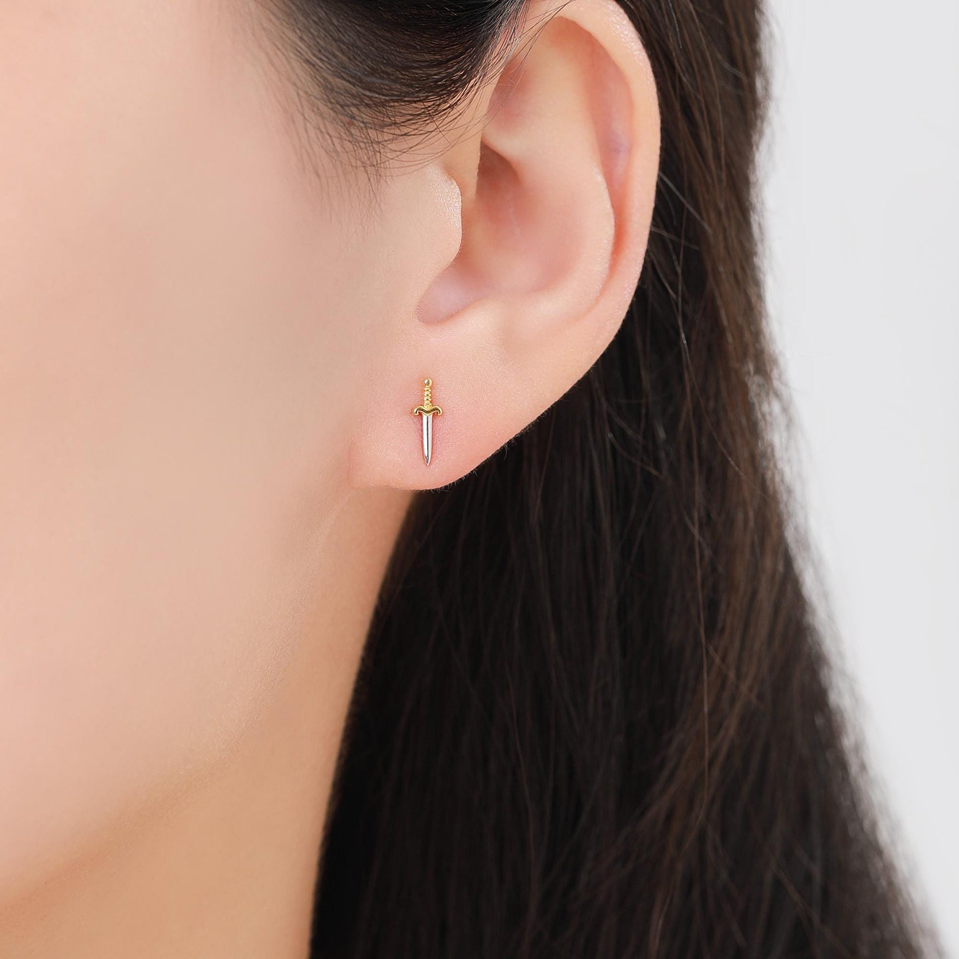 Mismatched Dragon and Sword Internally Threaded Flat Back / Screw Back /Stud Earrings in Sterling Silver, Asymmetric Dragon Earrings