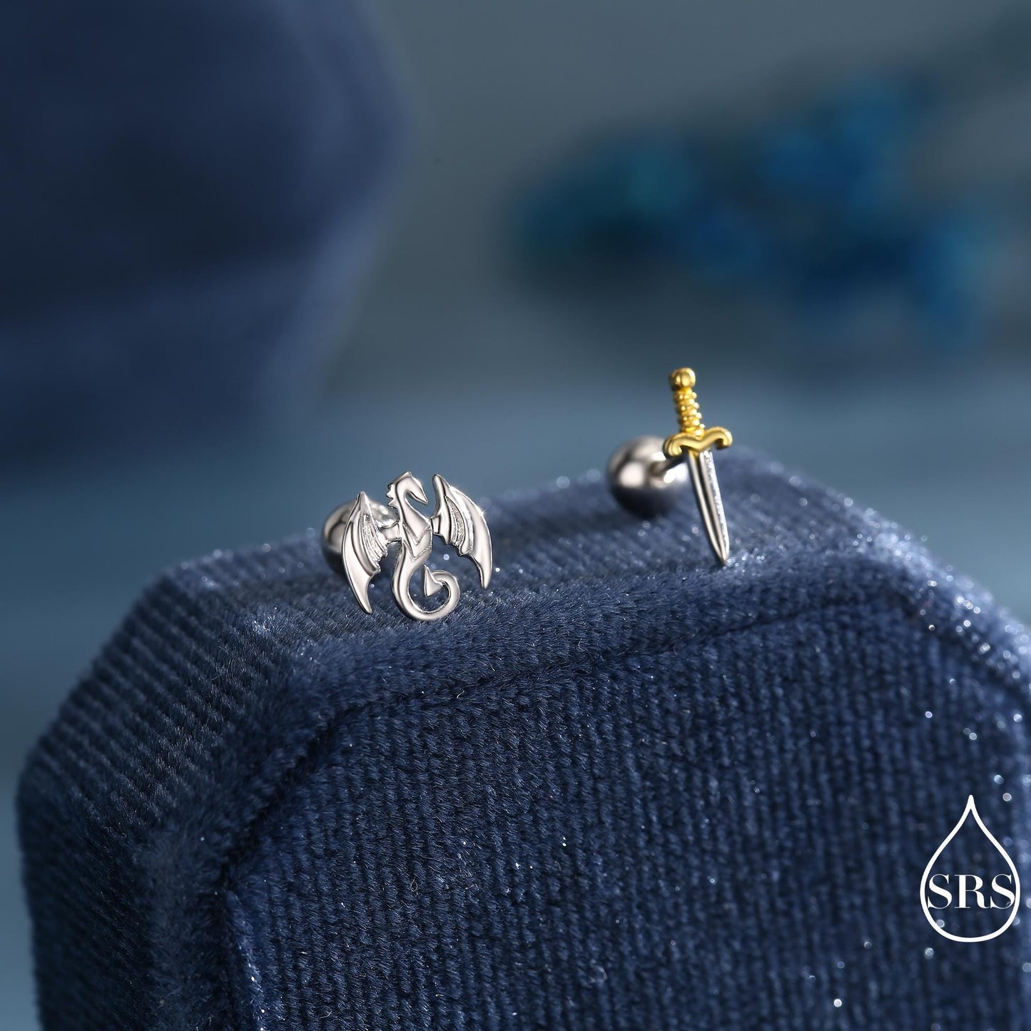 Mismatched Dragon and Sword Internally Threaded Flat Back / Screw Back /Stud Earrings in Sterling Silver, Asymmetric Dragon Earrings