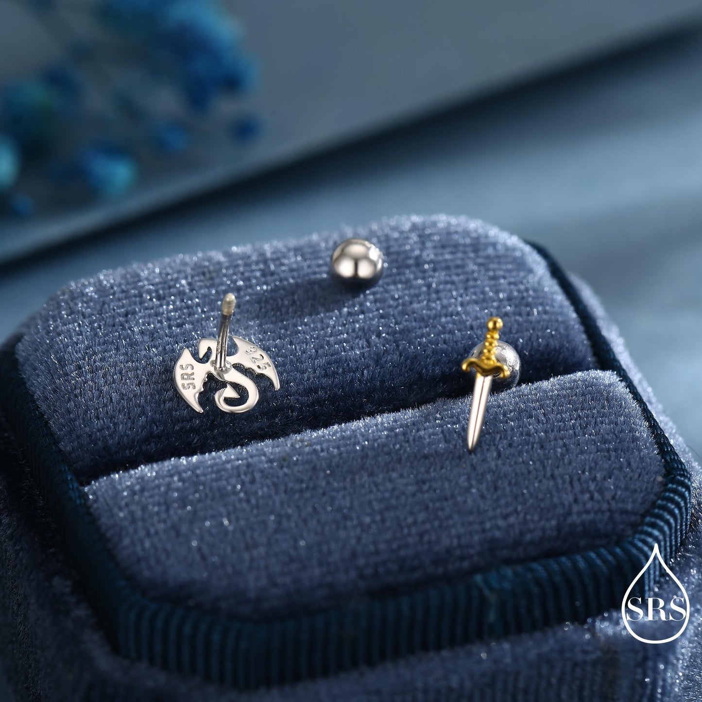 Mismatched Dragon and Sword Internally Threaded Flat Back / Screw Back /Stud Earrings in Sterling Silver, Asymmetric Dragon Earrings